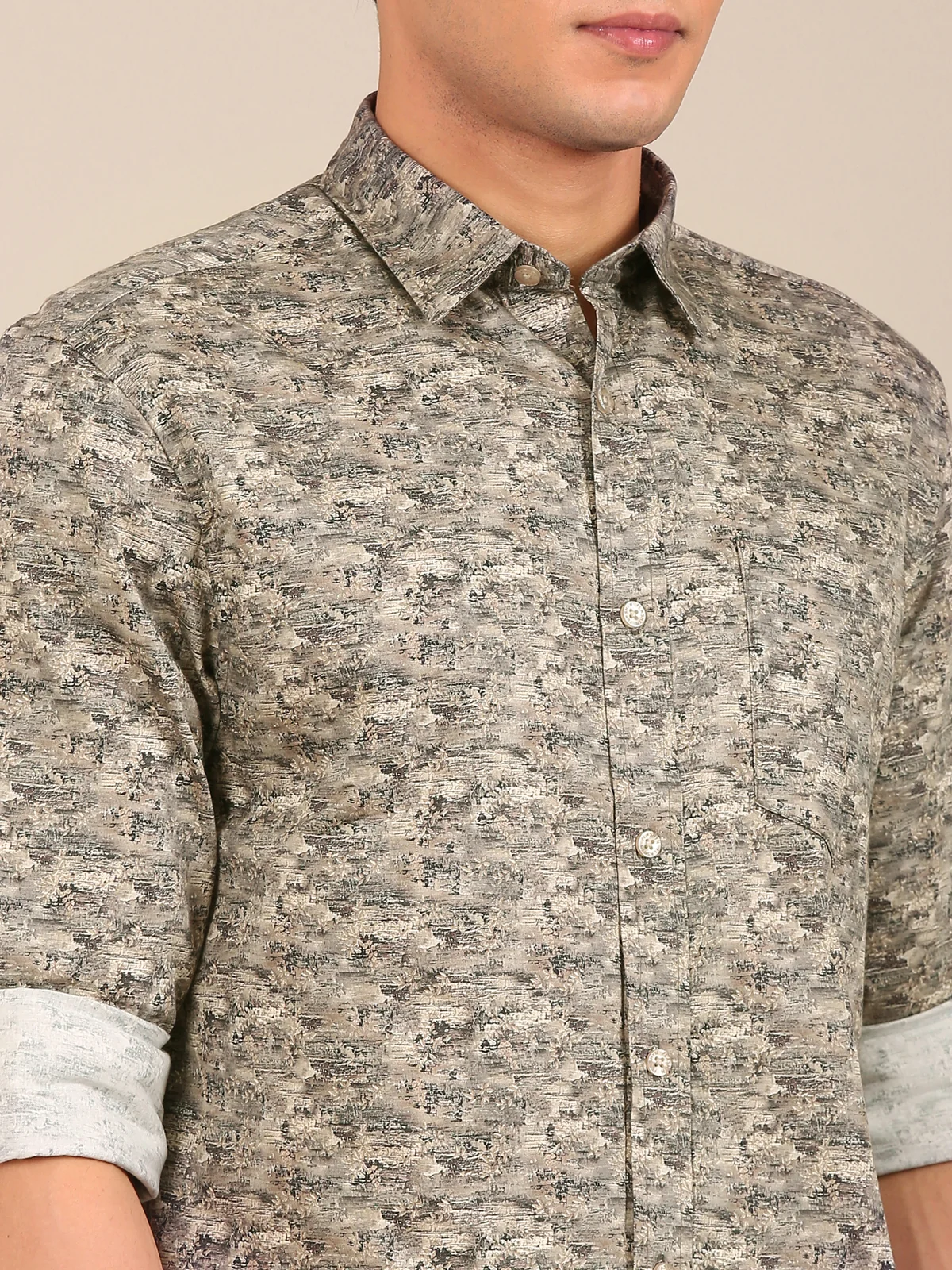 beige abstract print shirt men cotton satin fabric close up