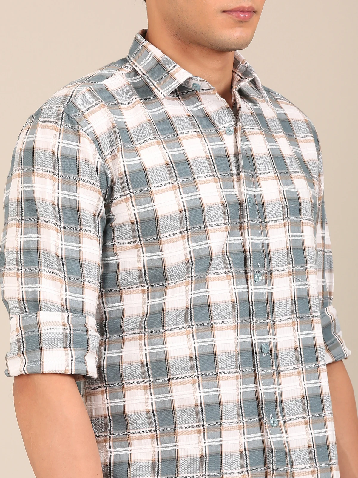 dusty teal blue check shirt men cotton dobby fabric close up