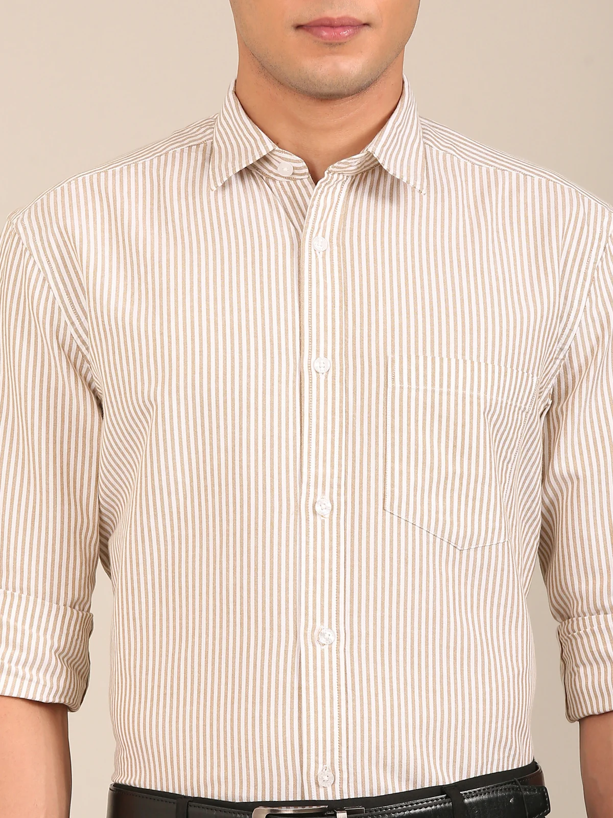 slim fit tan striped shirt men close up view