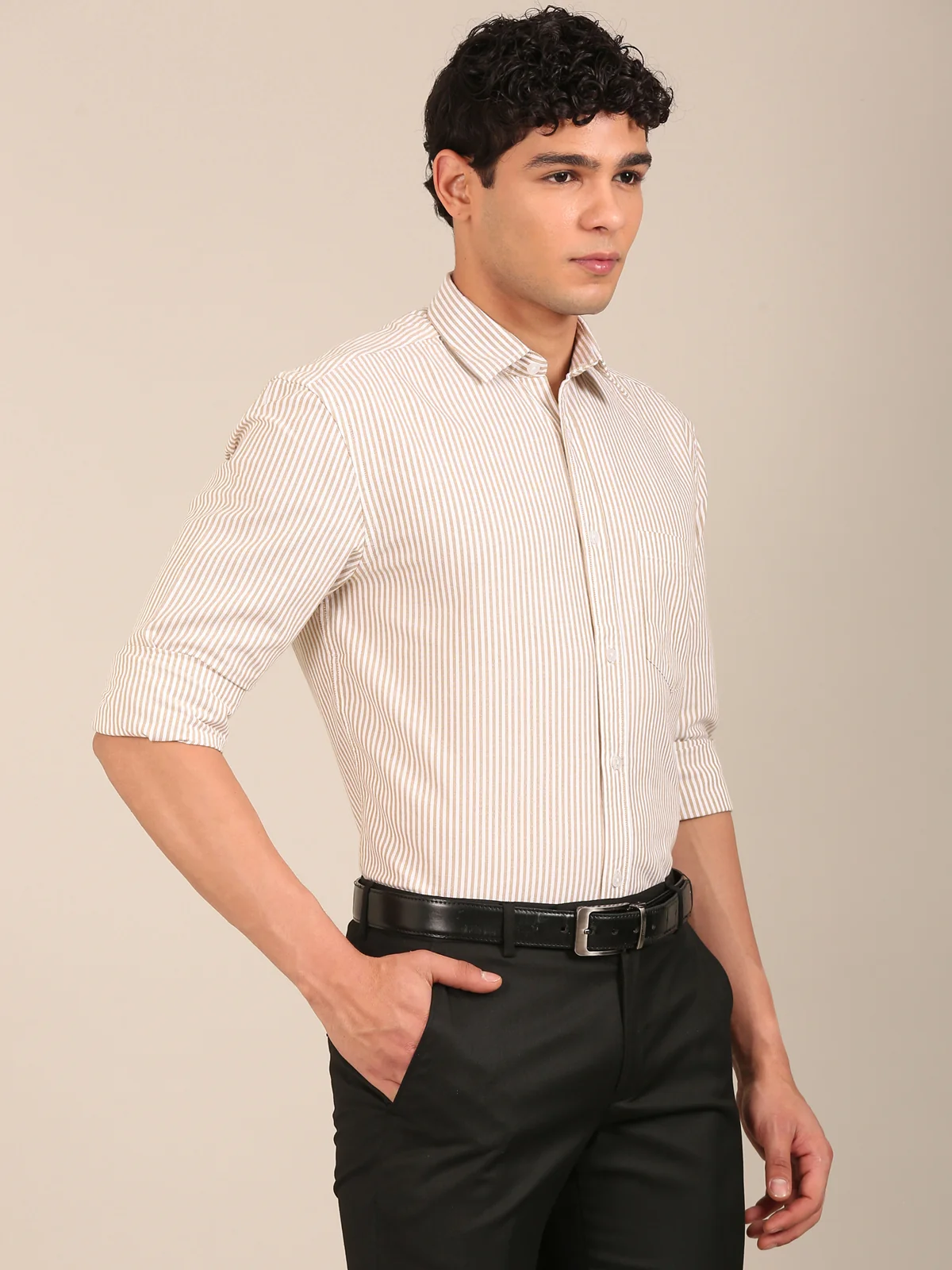 men slim fit stripe shirt tan full sleeve side