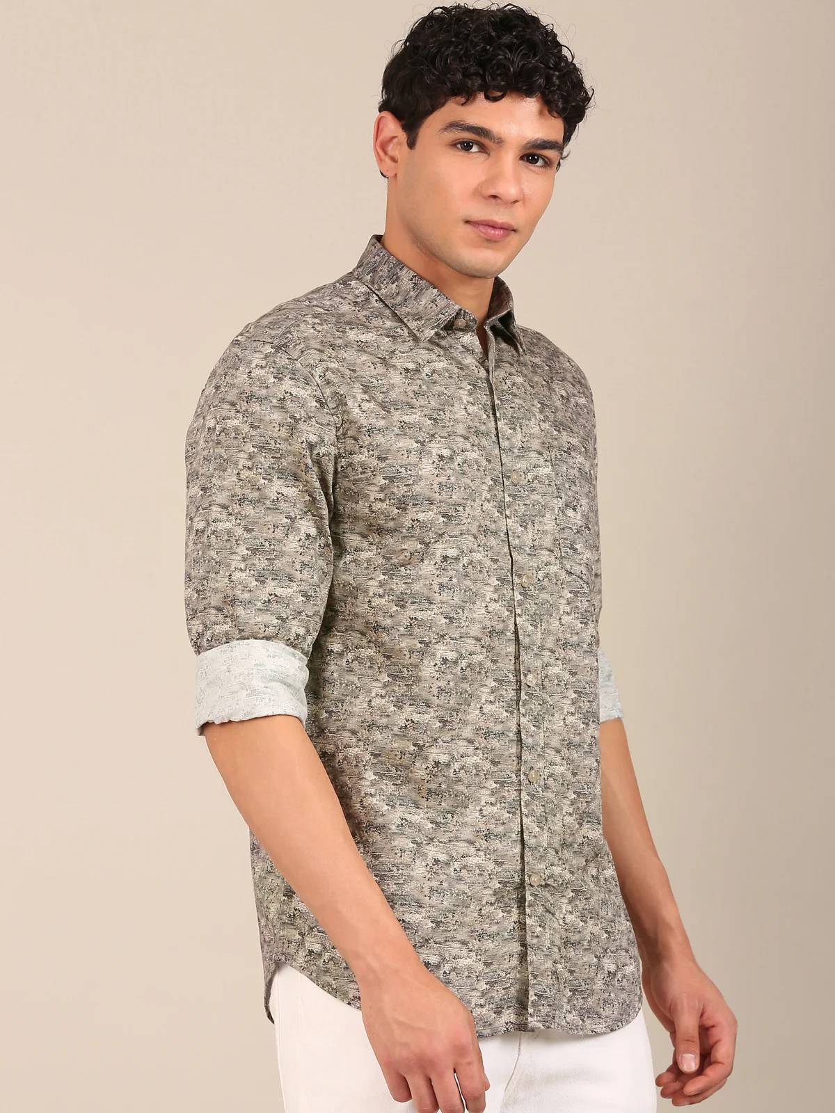 slim fit beige printed shirt men side view