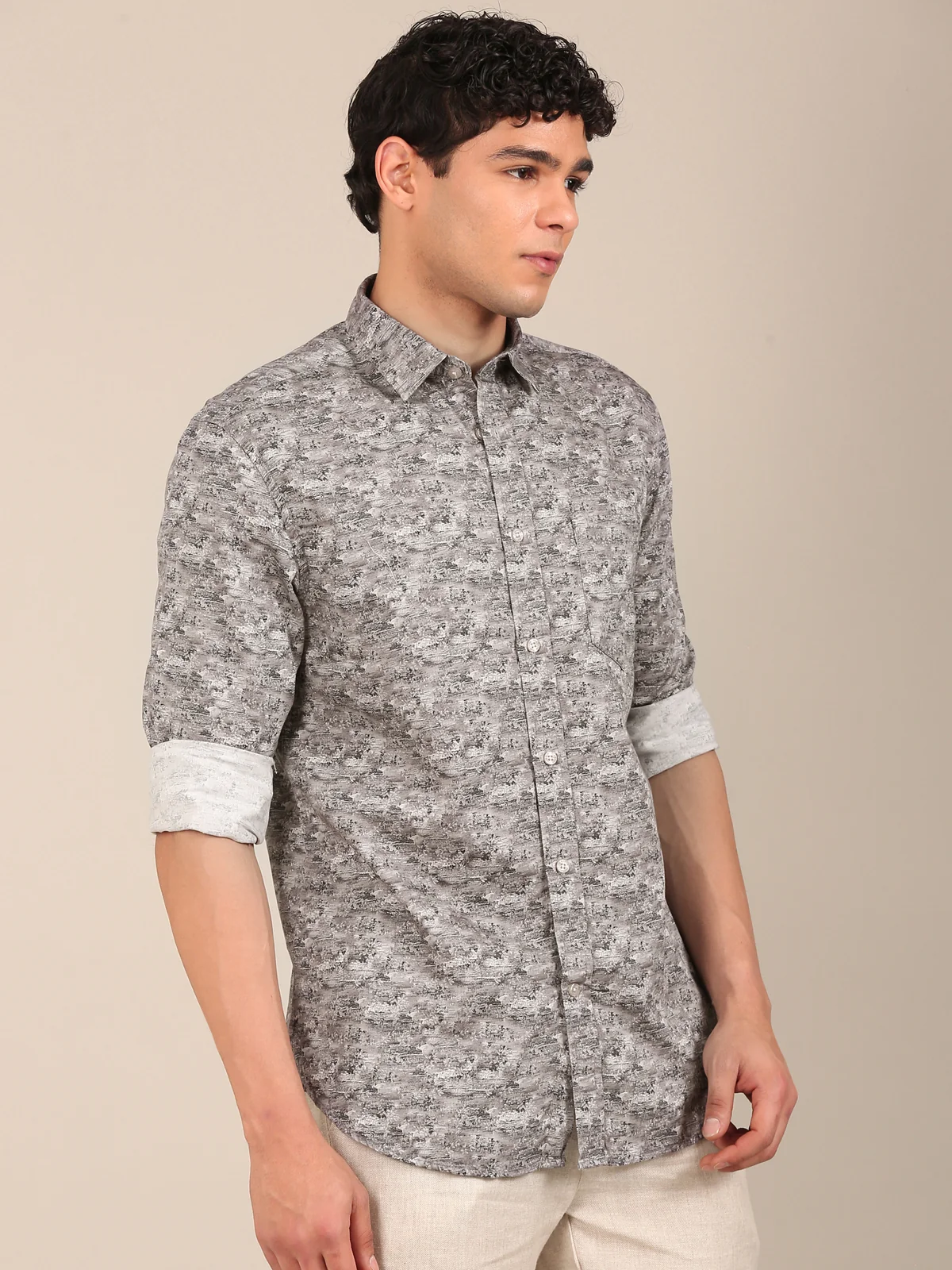 slim fit grey printed shirt men side view