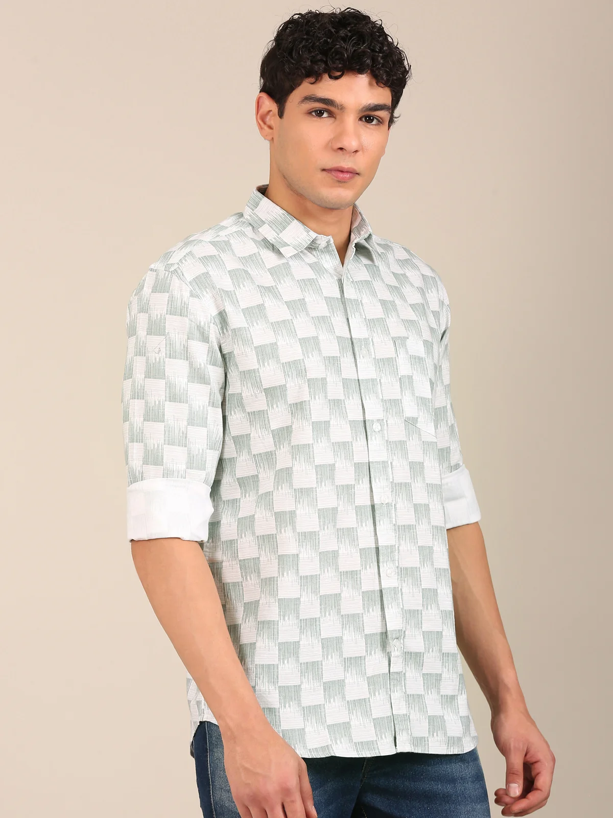 slim fit sage green print shirt men side view