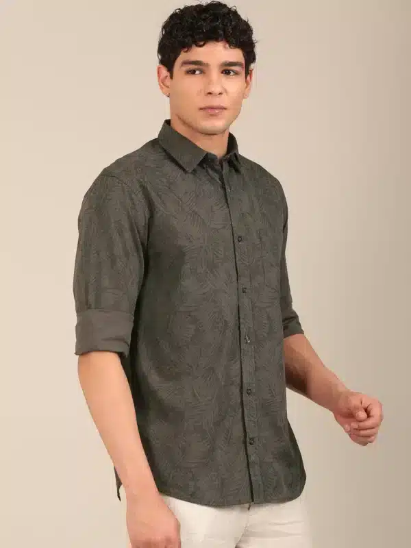 slim fit dark olive printed shirt men side view