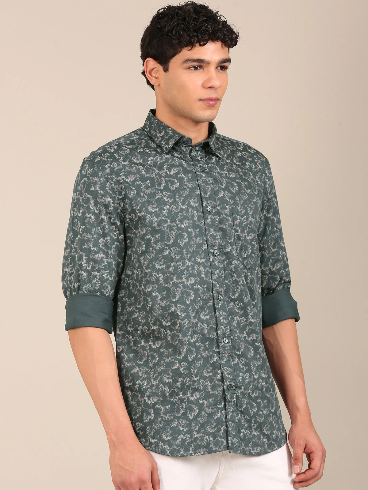 slim fit teal green floral shirt men side view