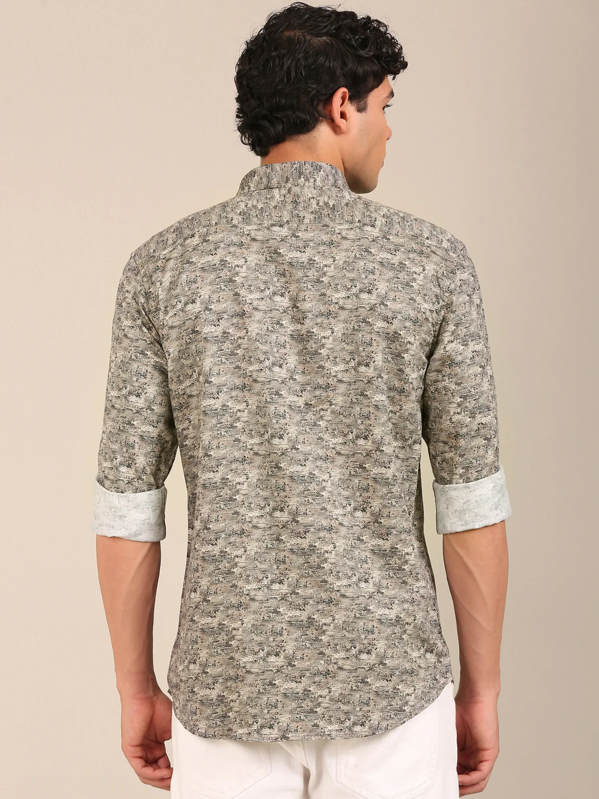 men’s beige abstract print shirt slim fit back view