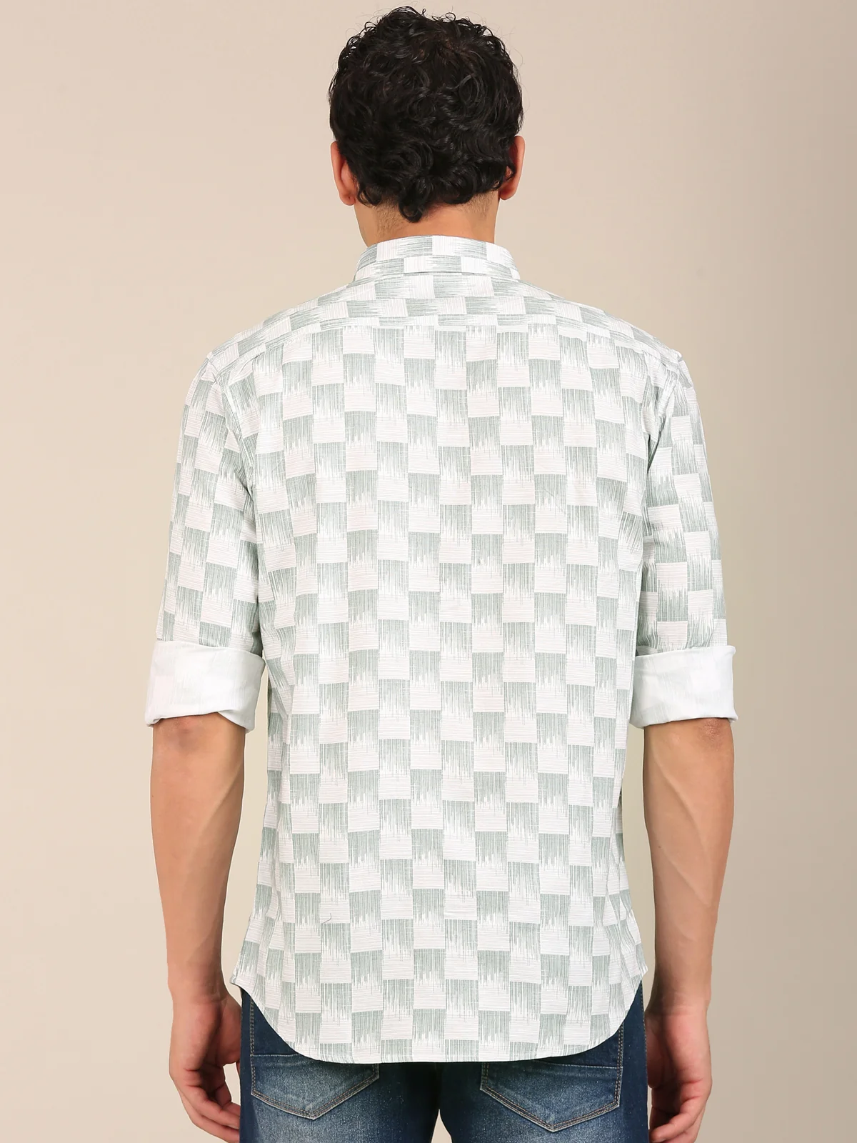 men’s sage green printed shirt slim fit back view