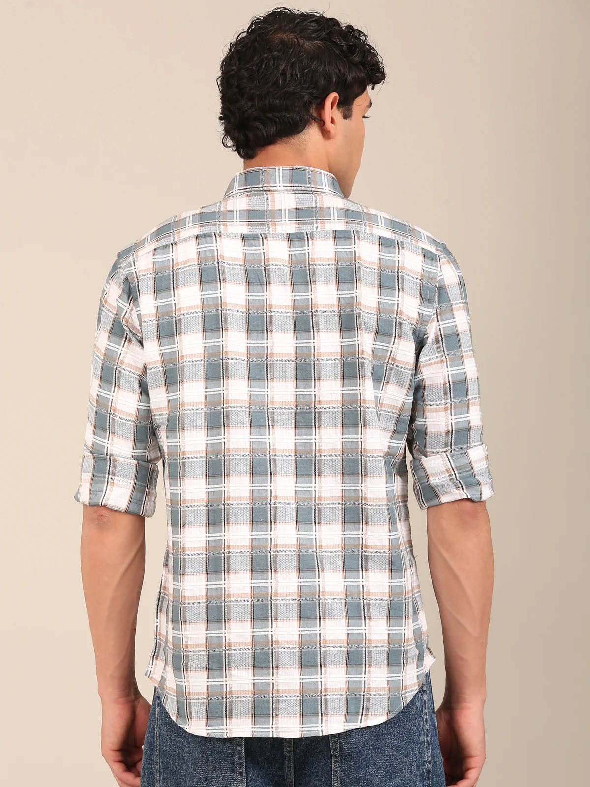 men’s dusty teal blue check shirt slim fit back view