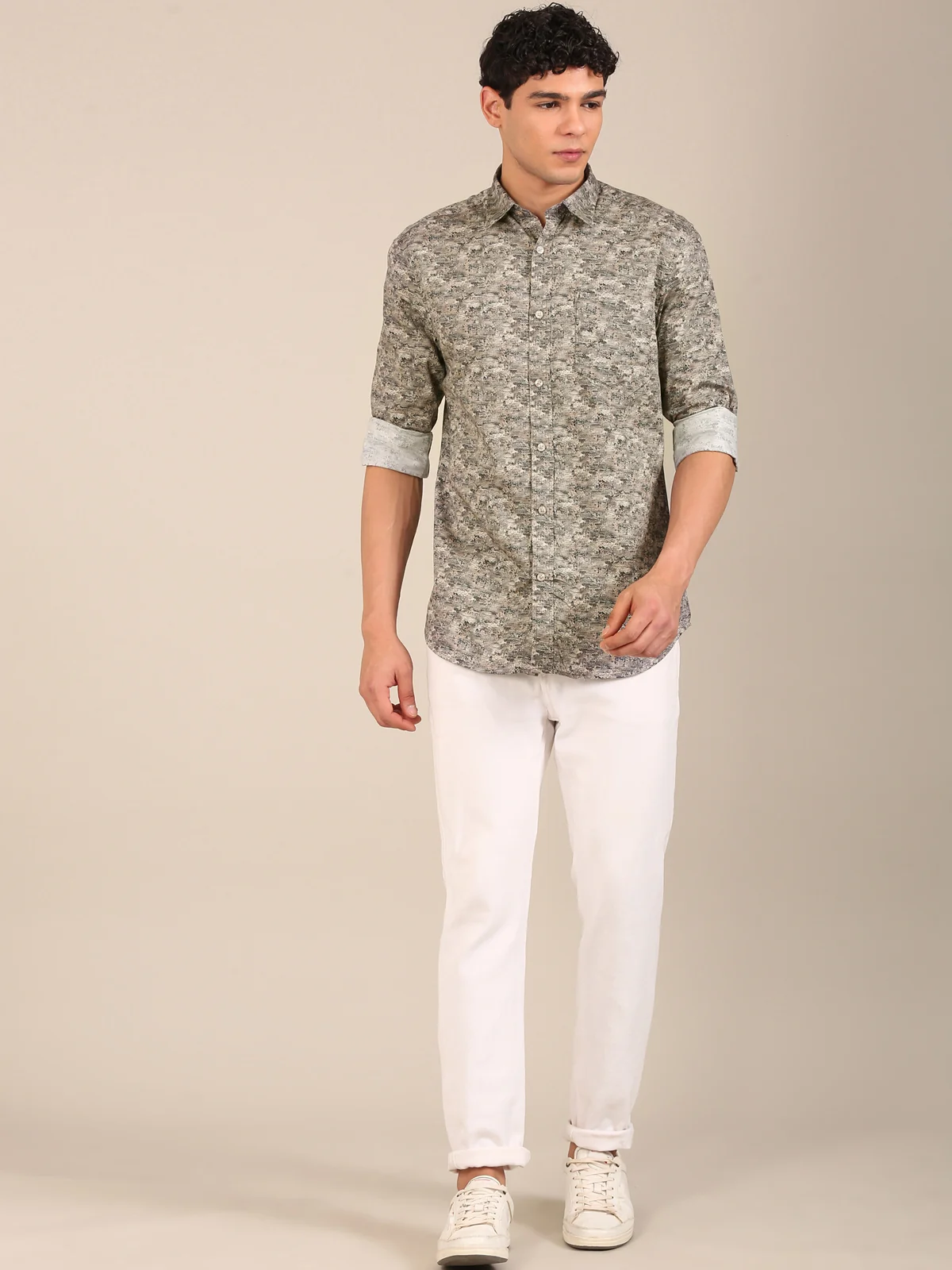 men slim fit printed shirt beige full sleeve front