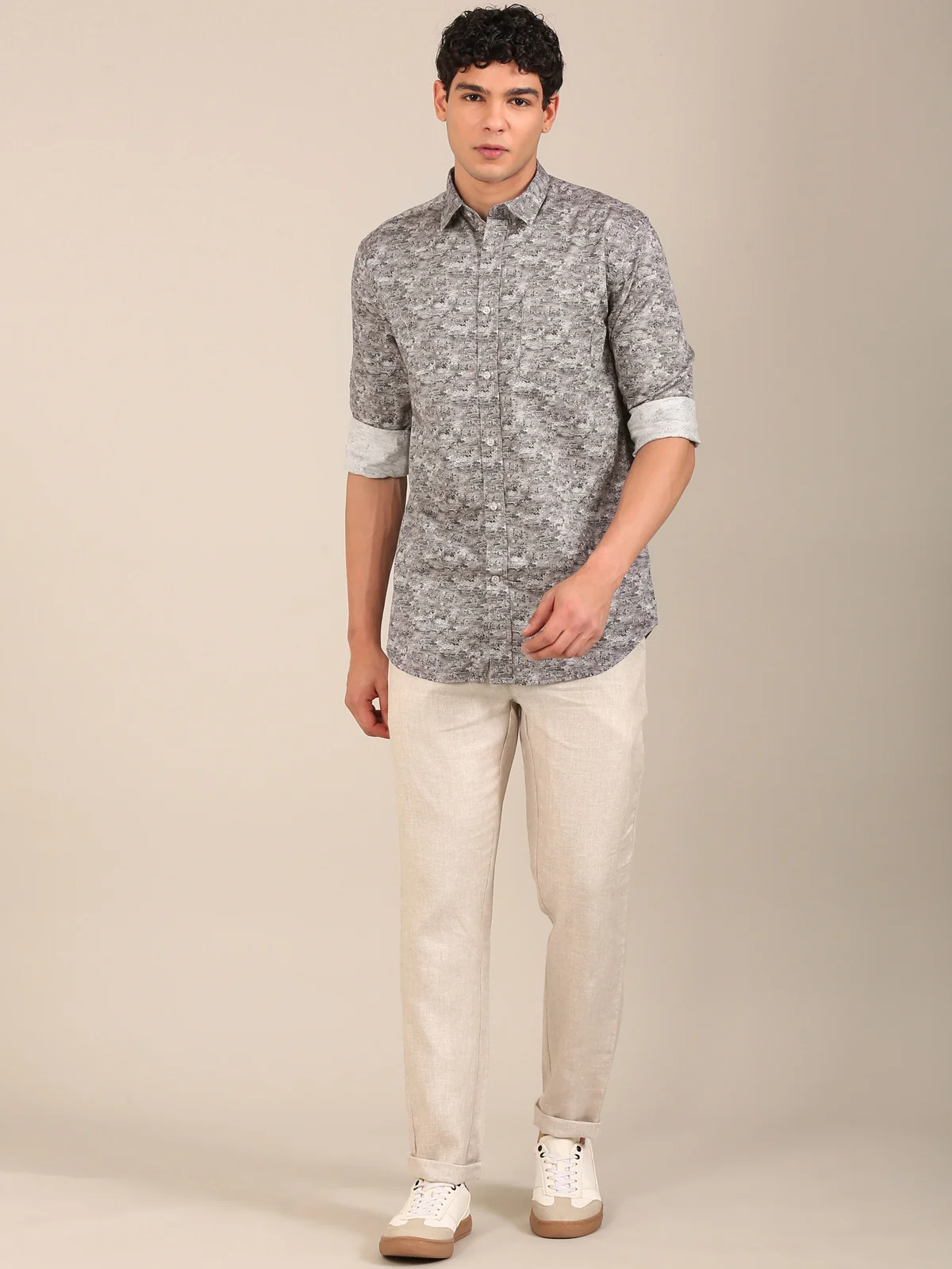 Flashyn slim fit grey abstract print shirt for men front view