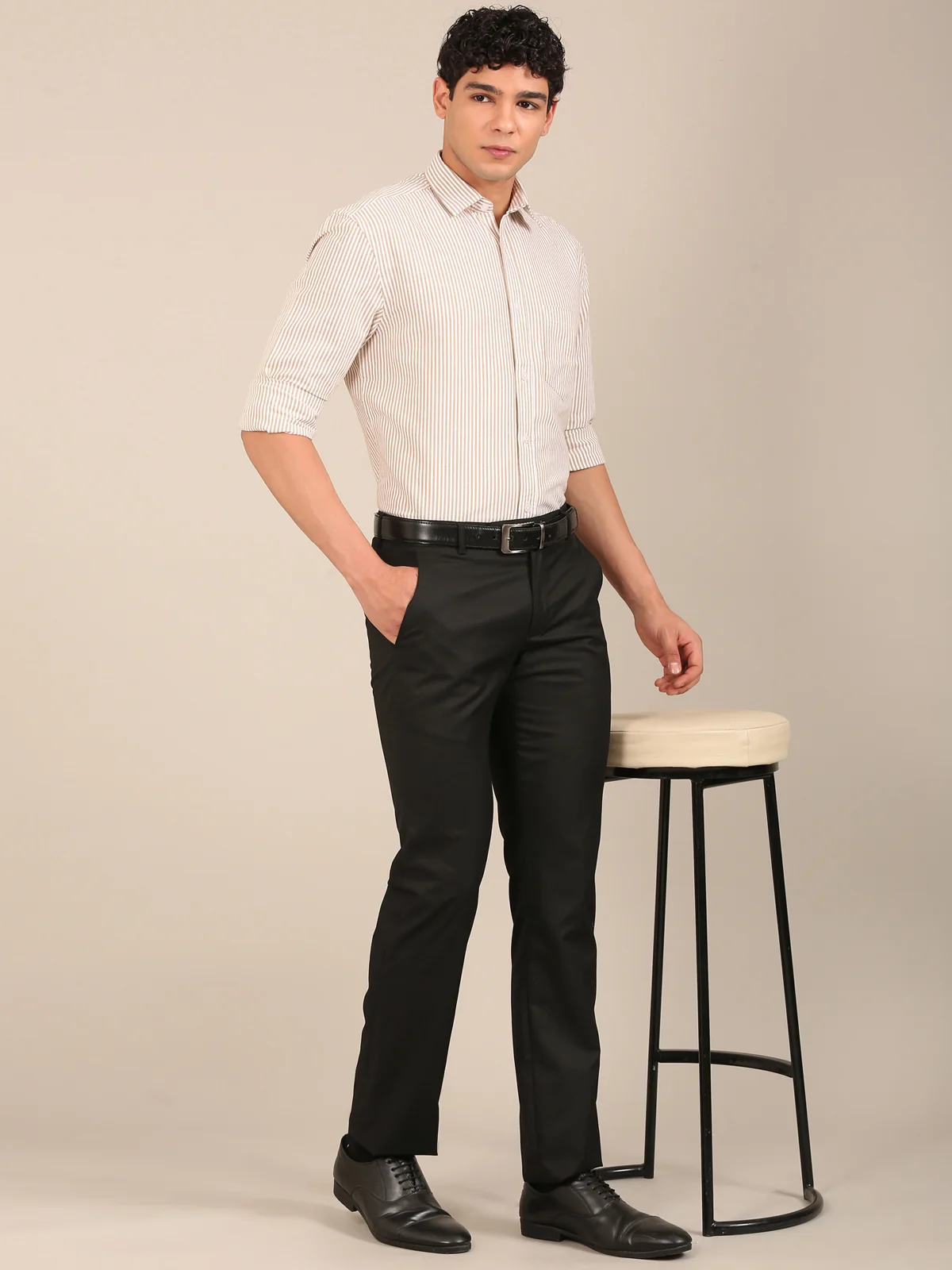 Flashyn slim fit tan stripe shirt for men front view