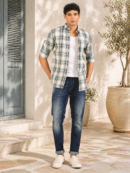 Slim Fit Check Shirt for Men – Dusty Blue Cotton Dobby