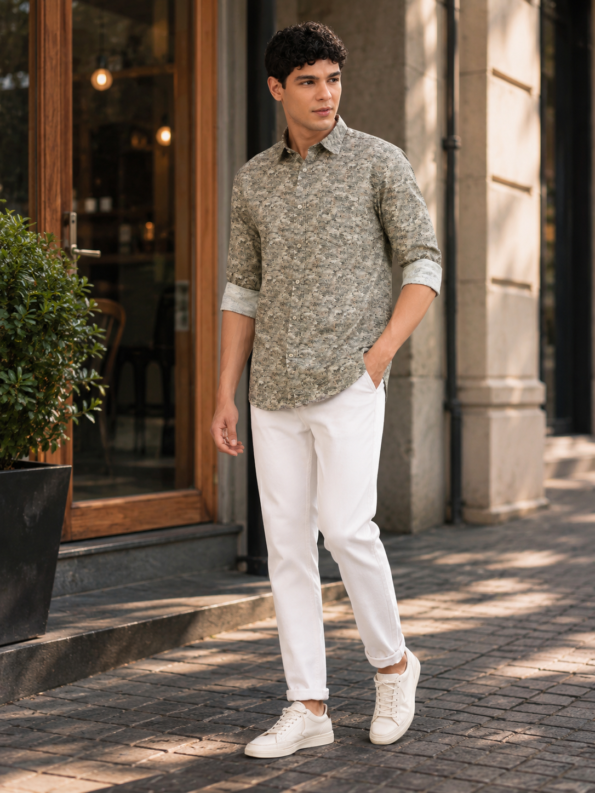 Model wearing a men’s beige abstract print slim fit shirt - lifestyle