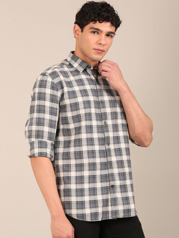 Model wearing a men’s charcoal grey check slim fit shirt -Angle1