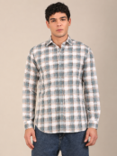 dusty teal blue check shirt for men - front
