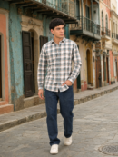 dusty teal blue check shirt for men - lifestyle