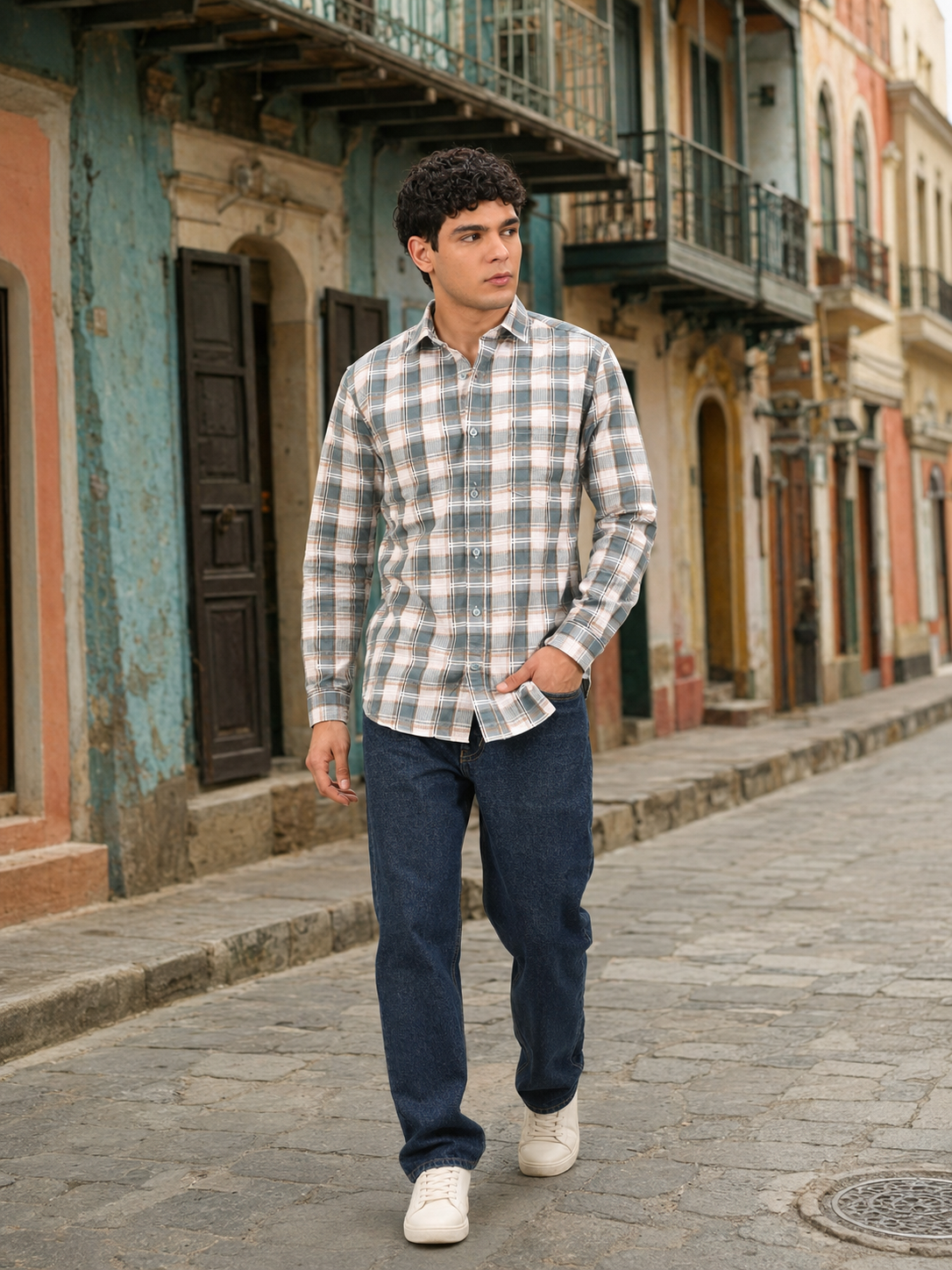 dusty teal blue check shirt for men - lifestyle