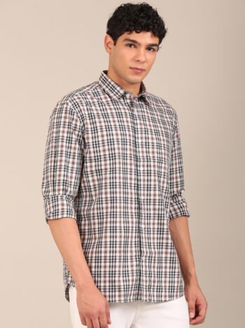 Model styling a men’s navy brown check shirt -Angle1