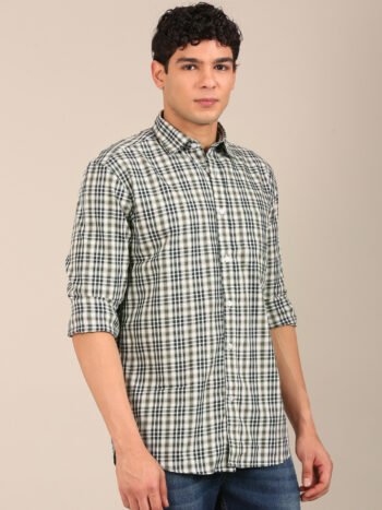 Model wearing a men’s olive and navy check slim fit shirt- Angle