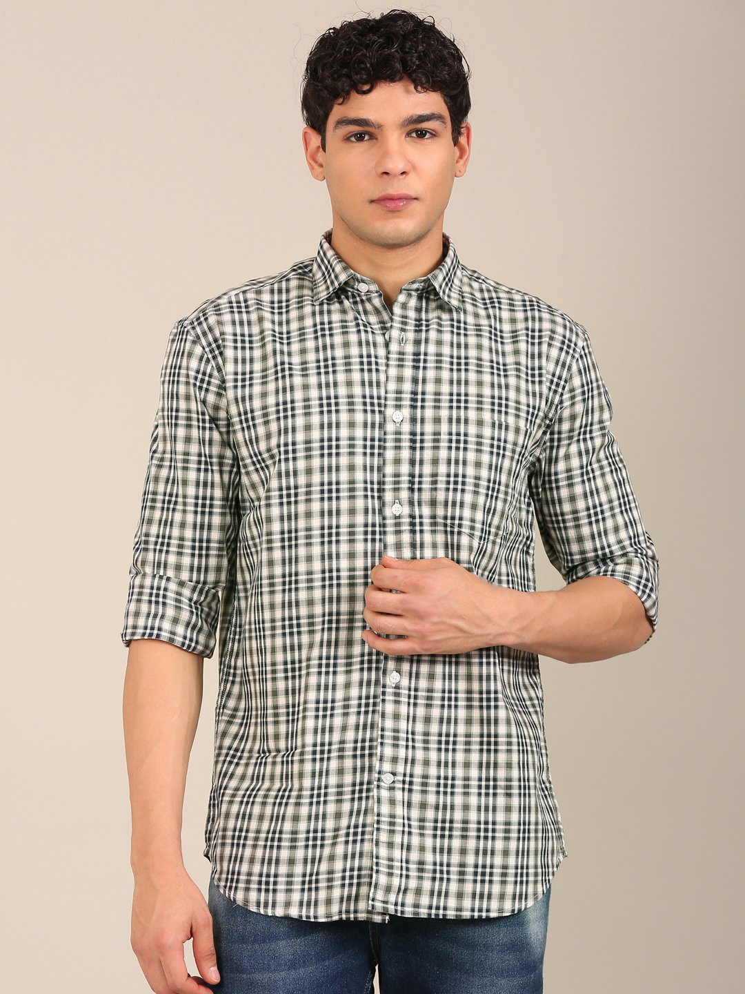 olive and navy check shirt for men