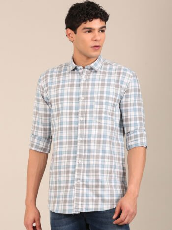 Men’s Powder Blue & Grey Check Slim Fit Cotton Shirt