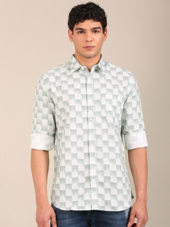 Men’s sagegreen geometric print slim fit shirt with full sleeves - front1