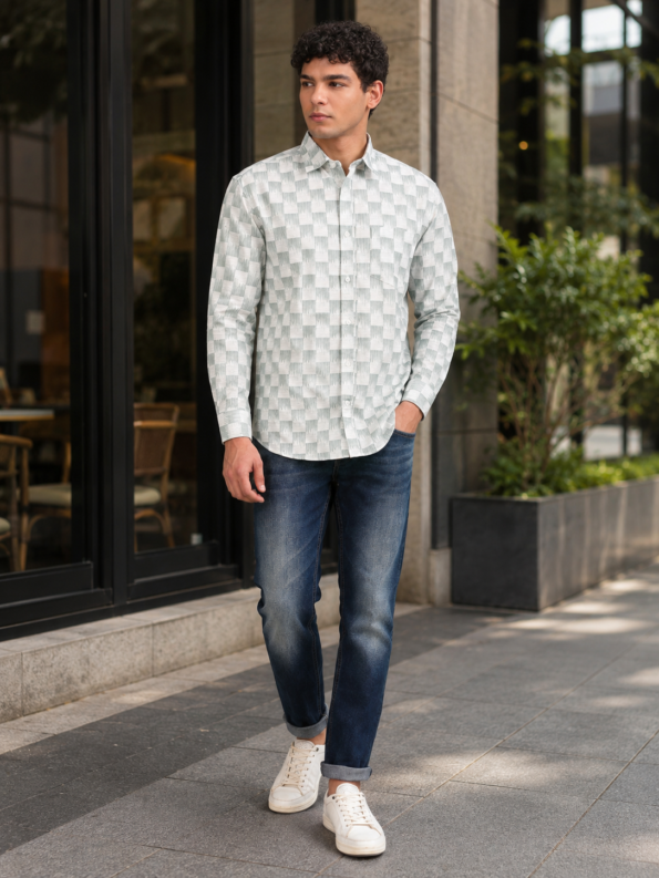 Men’s sagegreen geometric print slim fit shirt with full sleeves -lifestlye