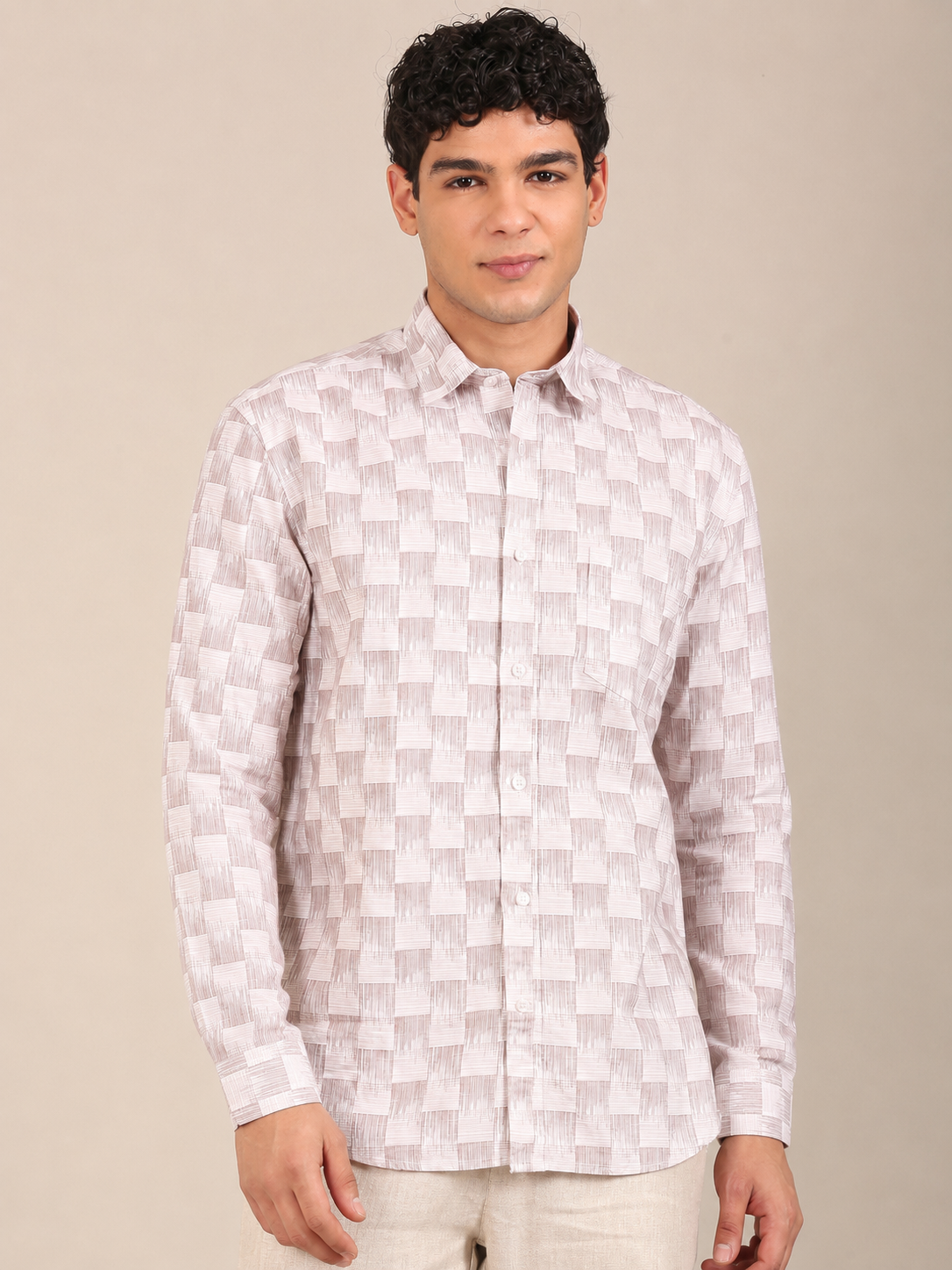 Men’s taupe geometric print slim fit shirt with full sleeves - front
