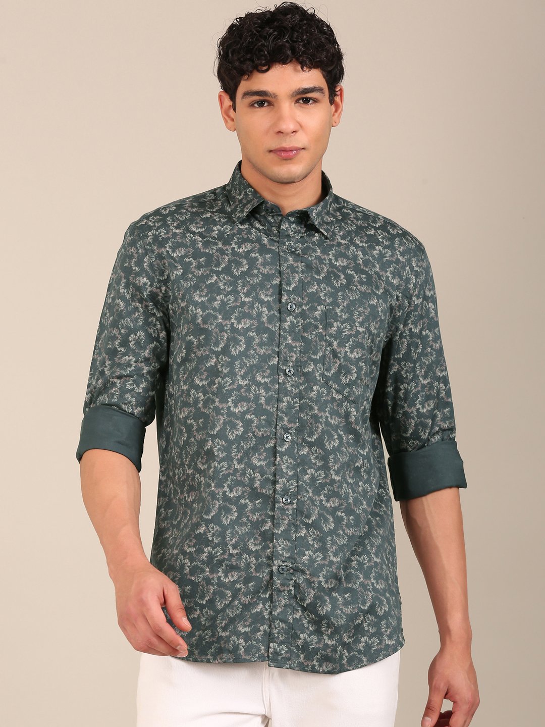 men’s teal green floral shirt slim fit front