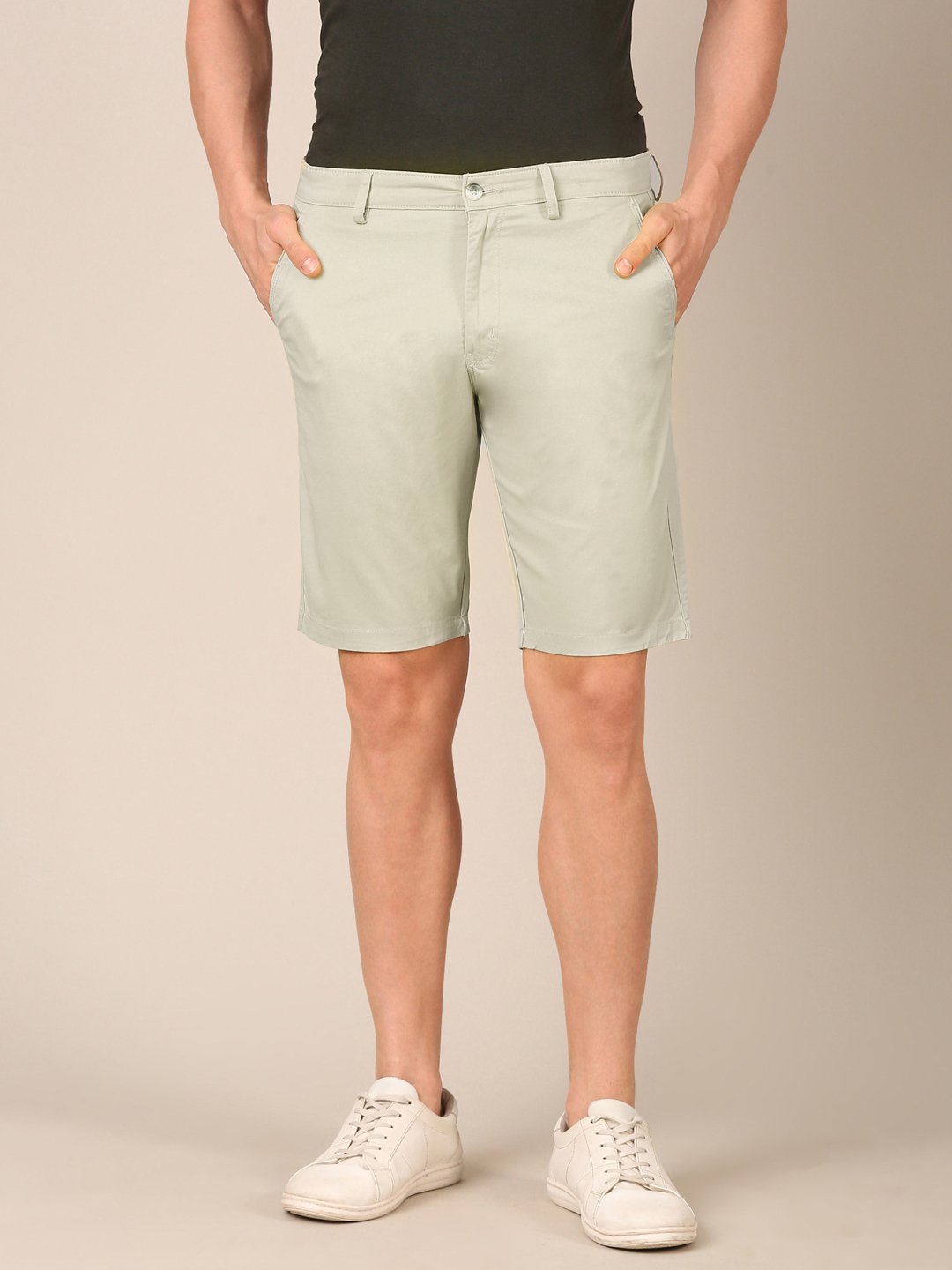 Model wearing Ivory Stone Smart Fit shorts for men front