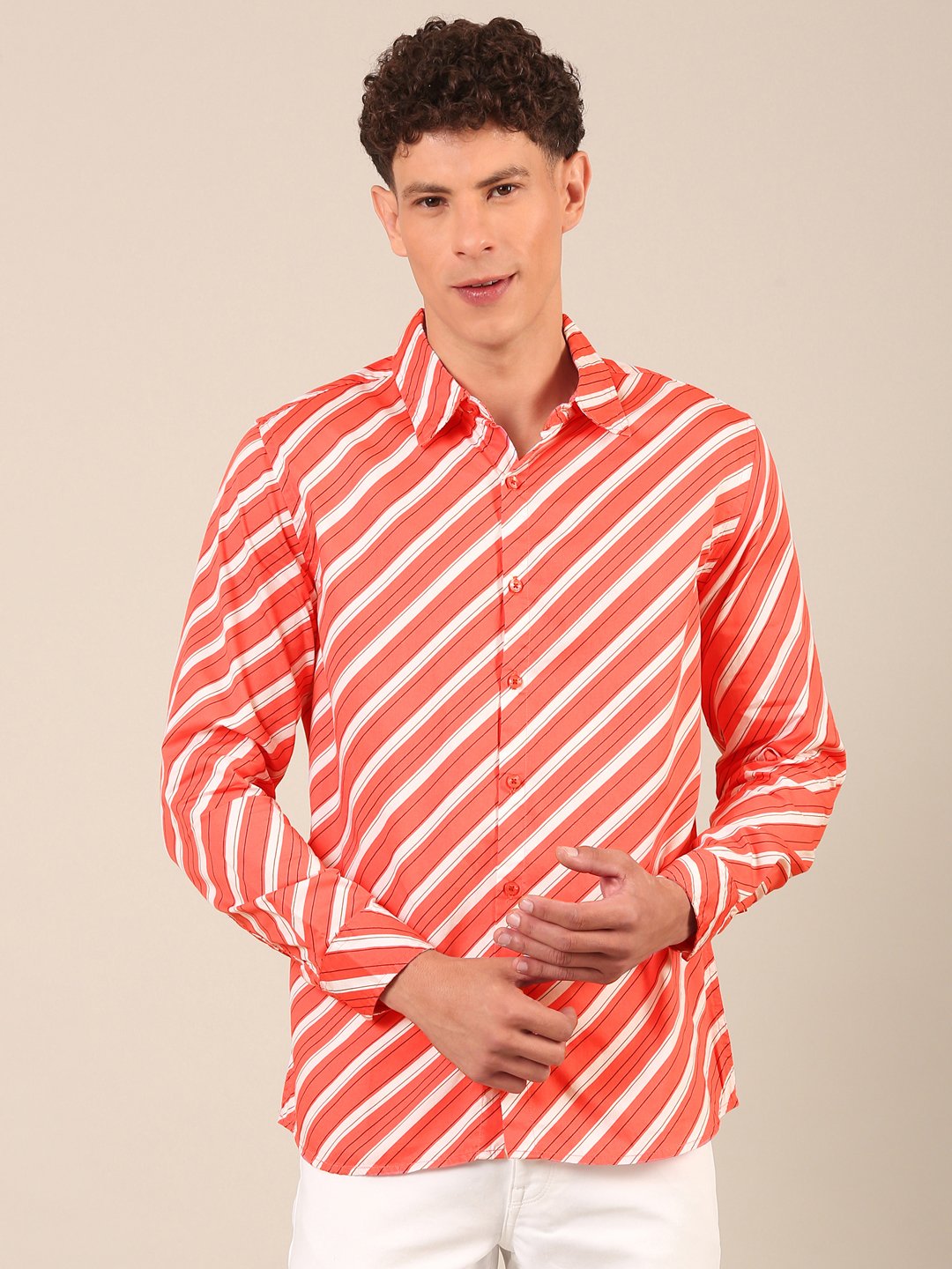 Model wearing a coral red striped cotton shirt for men cront