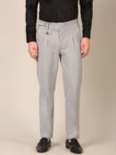 Men wearing light grey stretch Gurkha trousers front