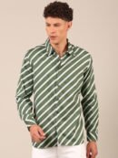 Model wearing an olive green striped shirt for men front