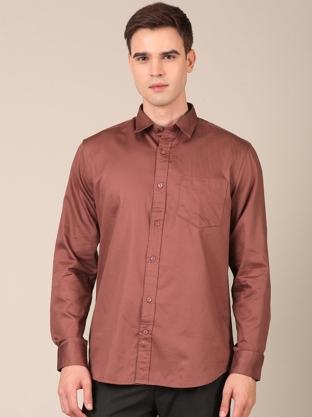 Model wearing a rosewood brown satin shirt for men front