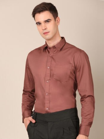 Model wearing a rosewood brown satin shirt for men side1
