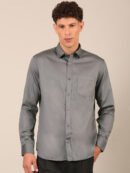 Model wearing a steel grey slim fit shirt for men front