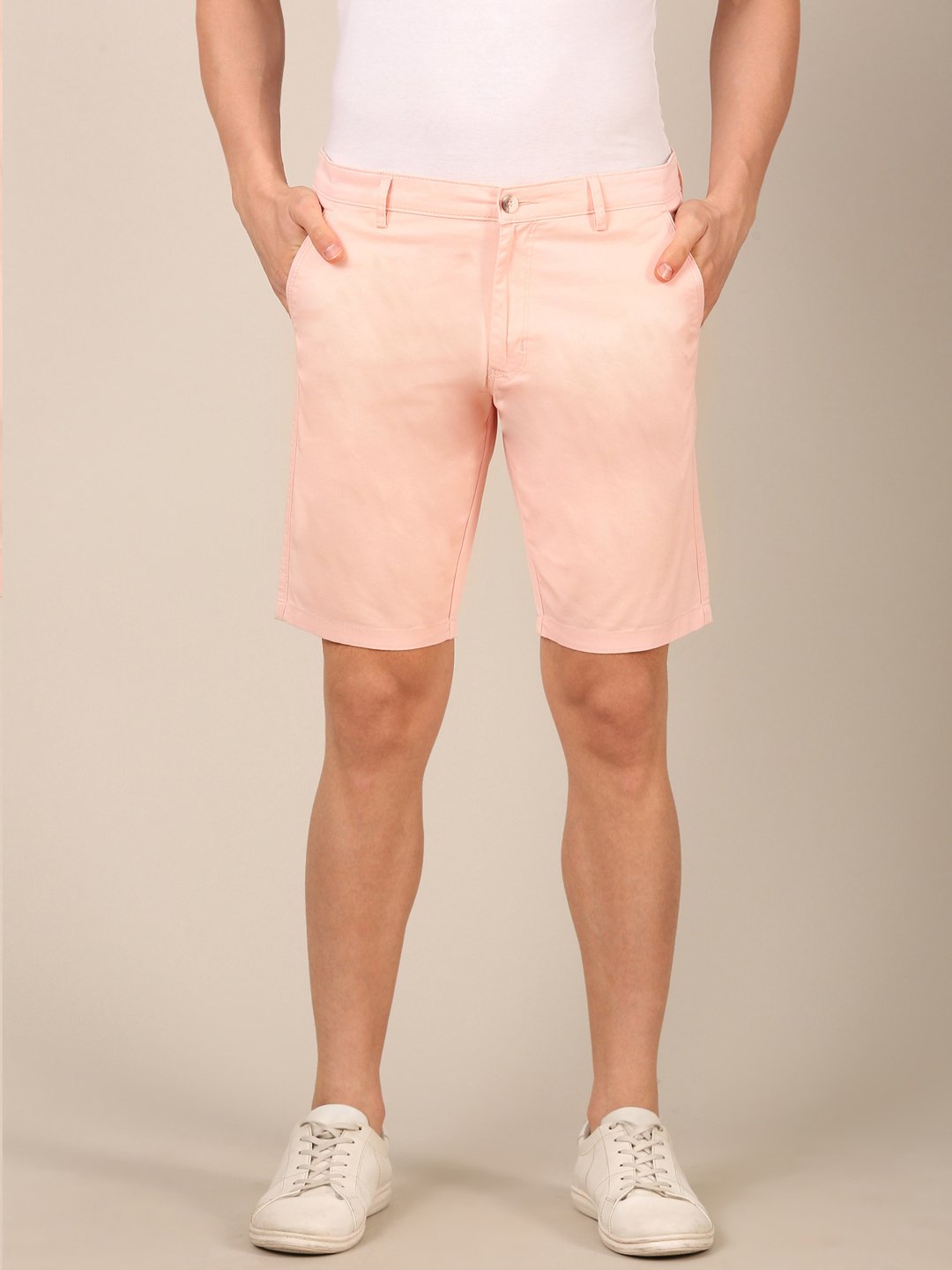 Model wearing Rose Dust Smart Fit shorts for men front
