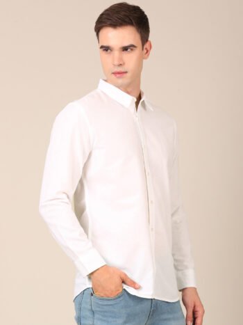 Model wearing a white regular fit shirt for men side2
